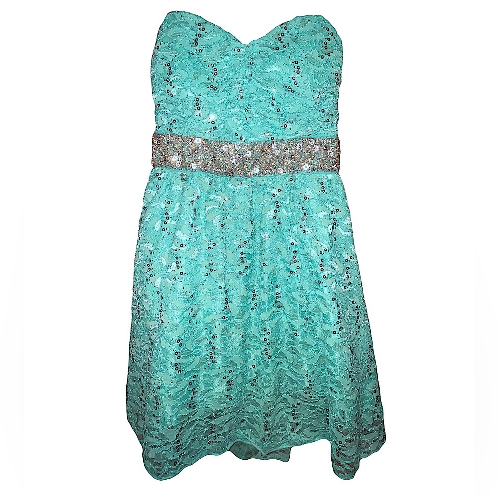 Aqua Lace Sequin Strapless Dress